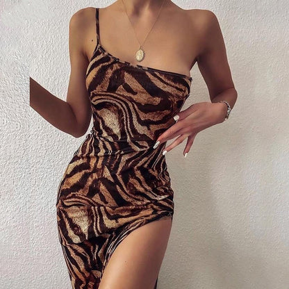 One-Shoulder Sling Bodycon Dress Summer Sleeveless Print Street Casual Long Dress