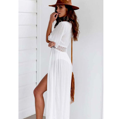 Short Sleeve V-Neck White Pareo Bikini Cover Ups