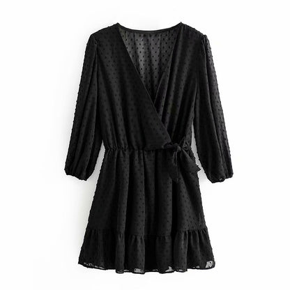 Ruffles Lace Chiffon Dress Boho Three Quarter Sleeve Ladies Party Dresses