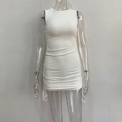 Drawstring ruched women mini dress sleeveless elegant bodycon