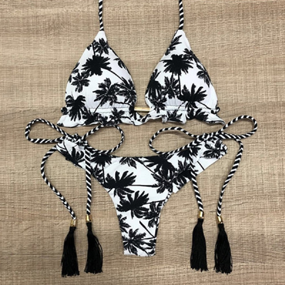 Sexy Floral Print Bikinis Striped Patchwork Swimsuit Women Bandage Bikini Set