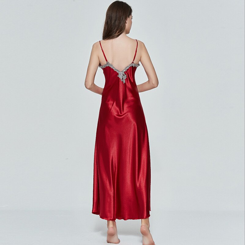 Long Dress V-neck Satin Silk Red Sexy Sling V-neck Lace Pajama Night Dress