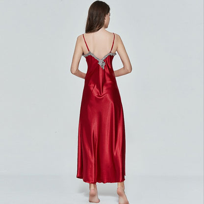 Long Dress V-neck Satin Silk Red Sexy Sling V-neck Lace Pajama Night Dress