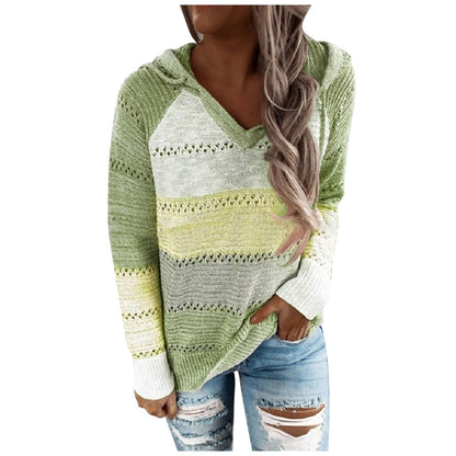 V-Neck Long Sleeves Hooded Sweater Blouse