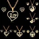 Stainless Steel Mama Love Heart Rose Flower Pendant Necklace Earrings Mom Thanksgiving Gift