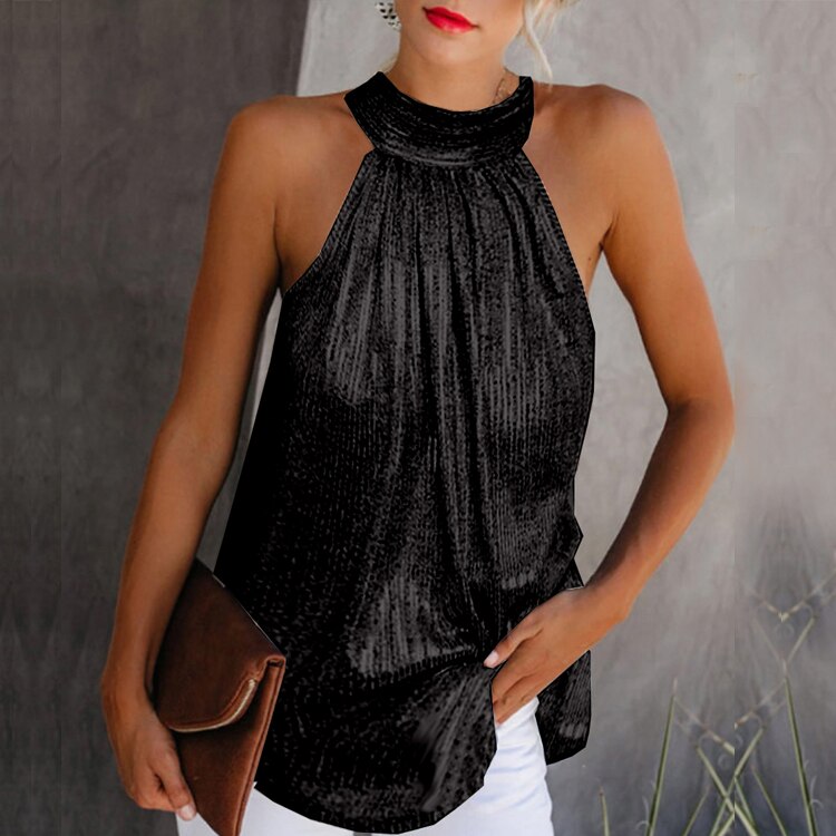 Sleeveless Shirt Blouse Vest Sling Sequined Zipper Formal Clothes
