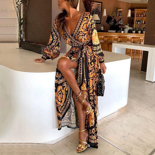 2021 Women Floral Printed Summer Boho Dresses New Long Sleeve V Neck Long Dress Party Beach Holiday Club Dresses Sundress