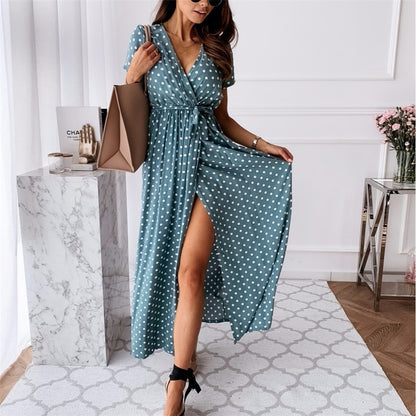 Polka Dot Split Boho Dress V-Neck Women Casual Beach Vacation Long Dresses