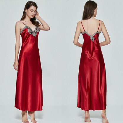 Hot Sale High Quality Women Satin Silk Lace V-neck Spaghetti Strap Night Dress Nightdress Sleepwear Ladies Long Nightgown