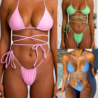 Push-up Bra Bikini Set Solid Color Bandage Swimming Suit Outdoor Summer Beachwear Bathing Suit