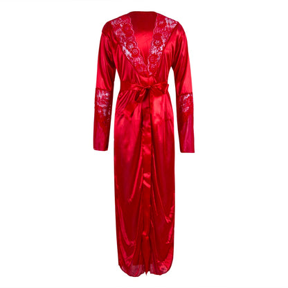 Satin Silk Lace Patchwork Gown Bathrobes G-string Long Nightdress Lingerie Kimono Robe with Belt