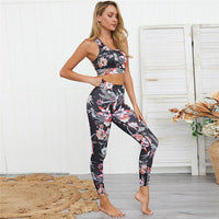 Seamless Yoga Set Women Fitness Clothing Sportswear Gym Leggings Floral Push-up Strappy Sports Bra
