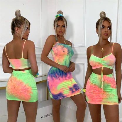 Fashion spaghetti straps tie dye print sexy drawstring camis tops+skirts 2020 summer women Ladies party club