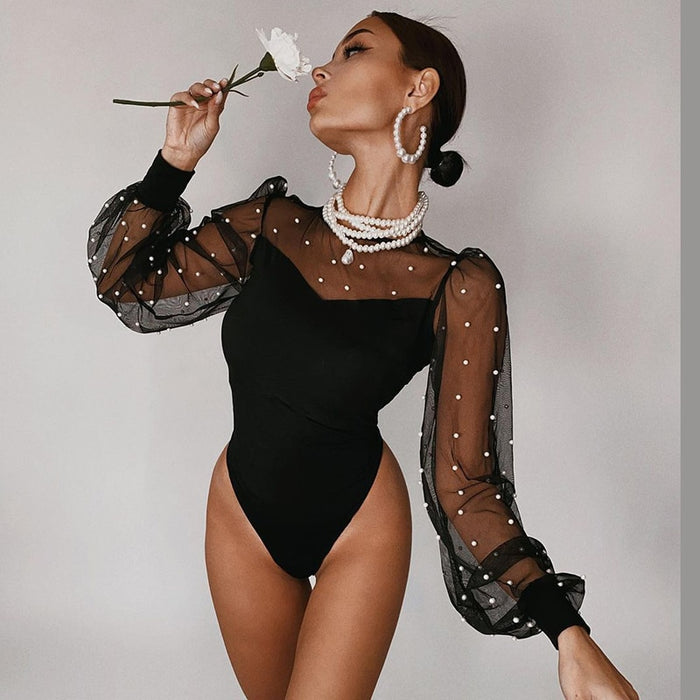 2021 Sexy Pearl Mesh Puff Sleeve Bodysuit Women Tops See Through Skinny Bodycon Body Suit Rompers Basic Black Sexy Bodysuits