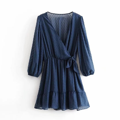 Ruffles Lace Chiffon Dress Boho Three Quarter Sleeve Ladies Party Dresses