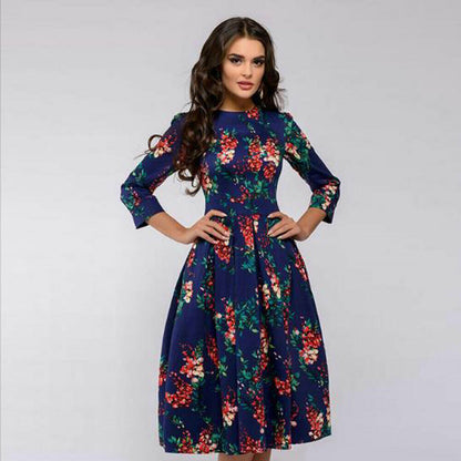 Vintage pleated tunic print dress women Elegant ladies A line dresses Long sleeve female autumn mixi party dress vestidos