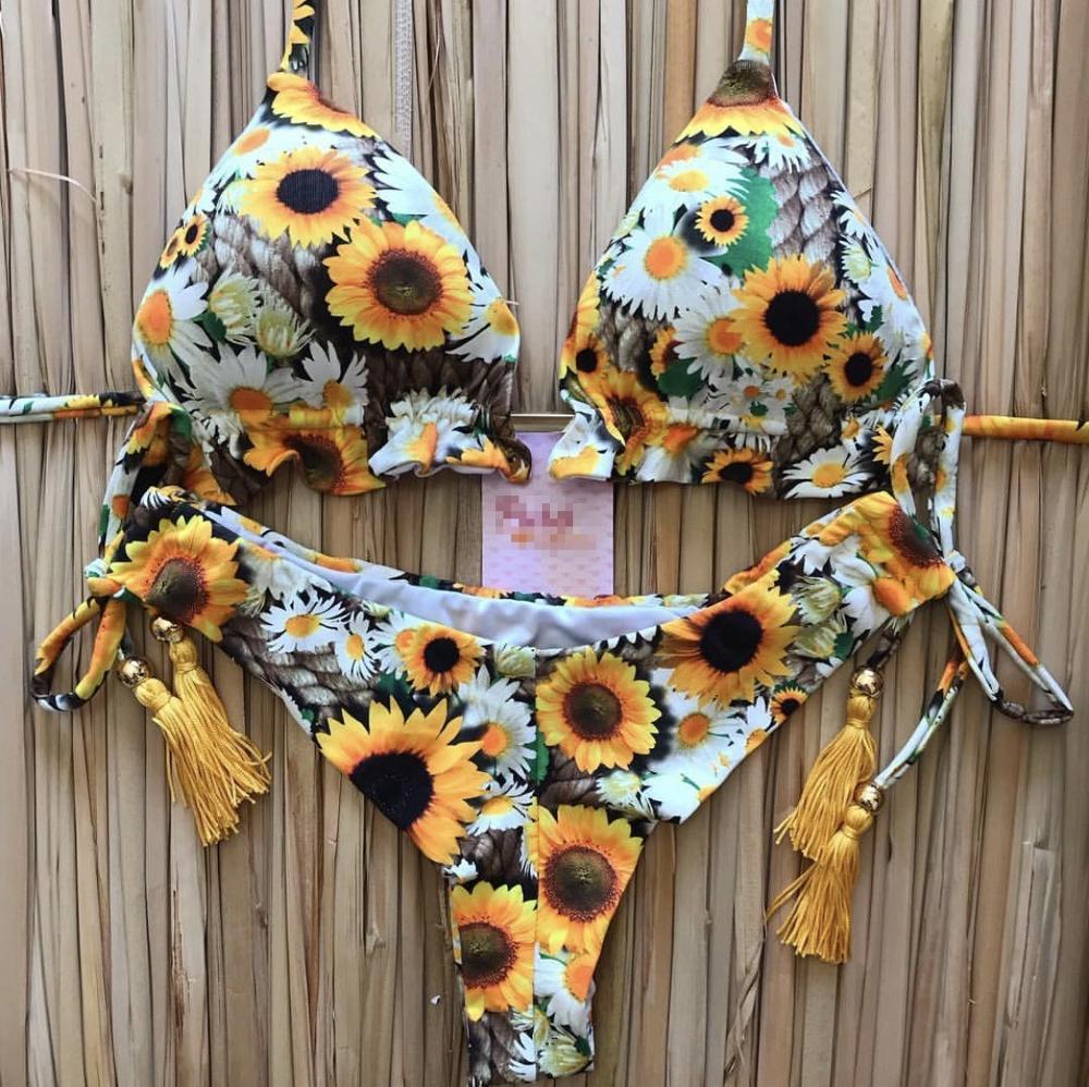 Sexy Floral Print Bikinis Striped Patchwork Swimsuit Women Bandage Bikini Set