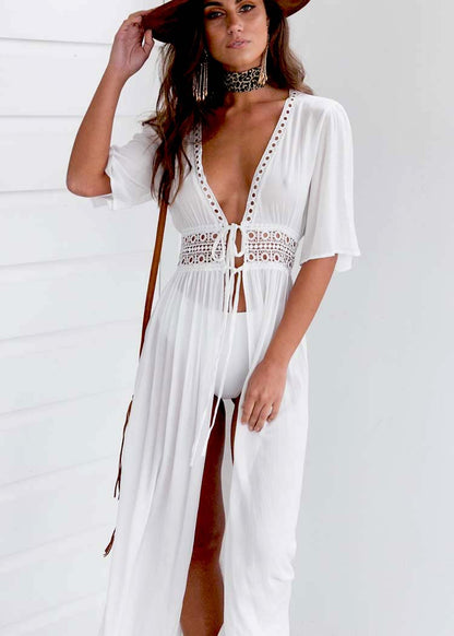 Short Sleeve V-Neck White Pareo Bikini Cover Ups