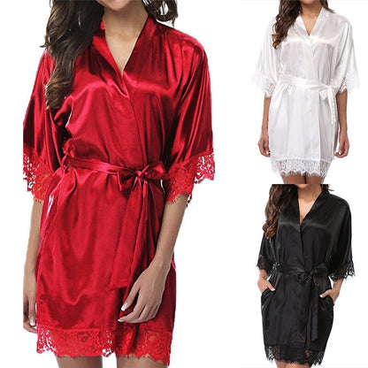 Sexy Lingerie Transparan Summer Sexy Women's Ladies Bride Robes Kimono Robe Satin Silk Lace Night Wear Gown Sleepwear