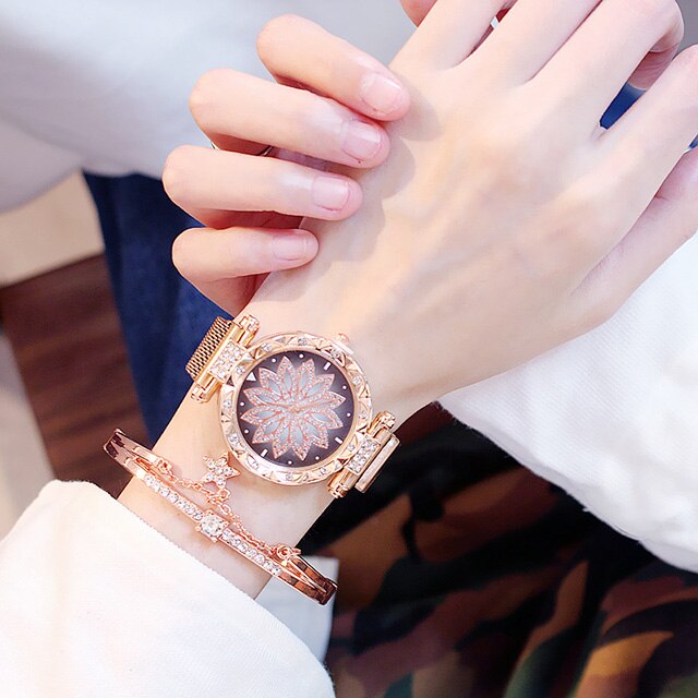 Rose Gold Flower Dial Clock Women Quartz Wrist Watches Box Set