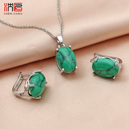 SHENJIANG New Fine Oval Egg Shape Synthetic Turquoises 585 Rose Gold Dangle Earrings Jewelry Set For Women Wedding Jewelry