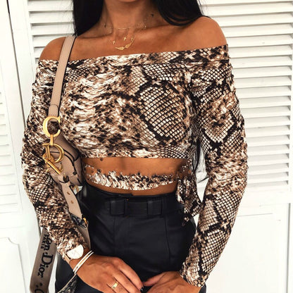 Snakeskin Print Off Shoulder Crop Top Long Sleeve Slim Blouse