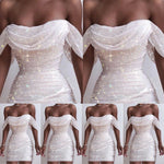 Women Off Shoulder Mini Dress Elegant Sweet White Dress Stylish Sexy Slash Neck Slim Sleeveless Evening Party Vestidos de fiesta