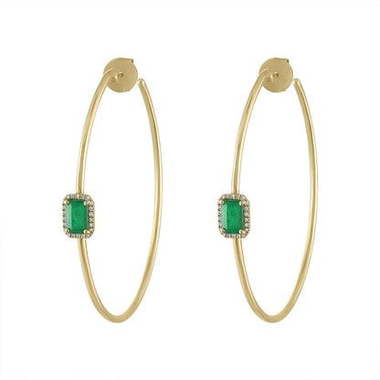 Gold color green baguette cz hoop earring