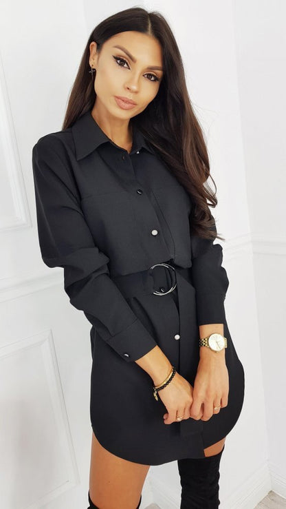 Buttons Turn-Down Long Sleeve Bandage Elegant Office Dress