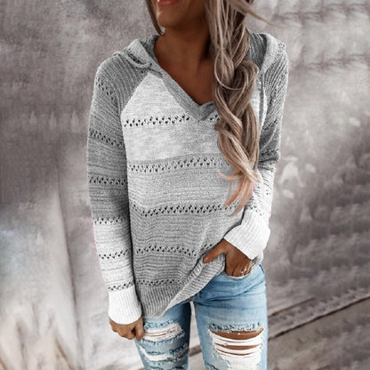 Hooded Long Sleeve Patchwork Sweater