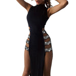 Hirigin 2021 New Elegant Women Sexy Studded Diamond High Street Dress Adult Sleeveless Mock Neck High Slit Cutout Party Clubwear