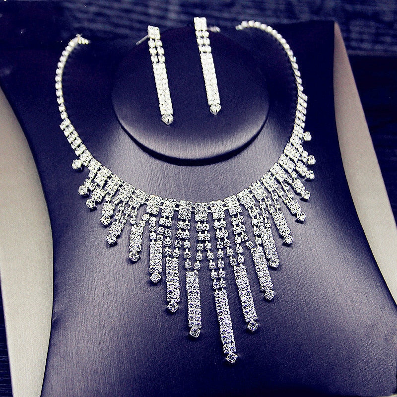FYUAN Shine Geometric Rhinestone Necklace Earrings For Women Long Tassel Jewelry Sets Weddings Banquet Gifts