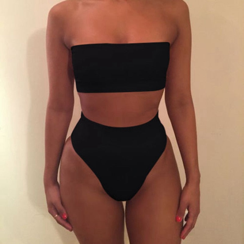 High Waisted Strapless Tube Top Bikini Set Swimsuit