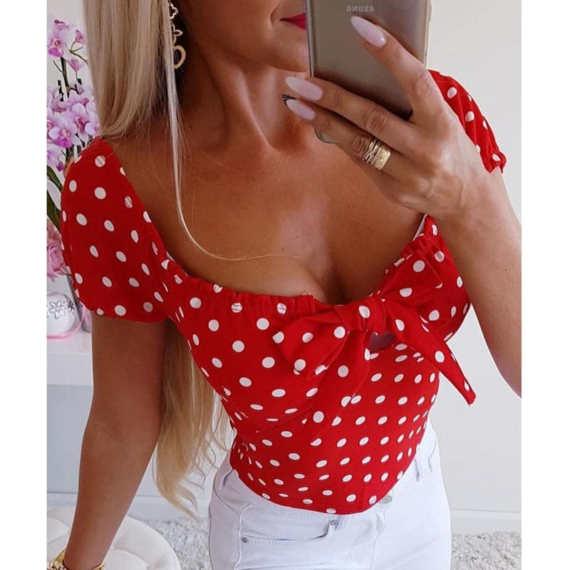 Polka Dot Print Short Sleeve Sexy Lady O-Neck Bow Blouse