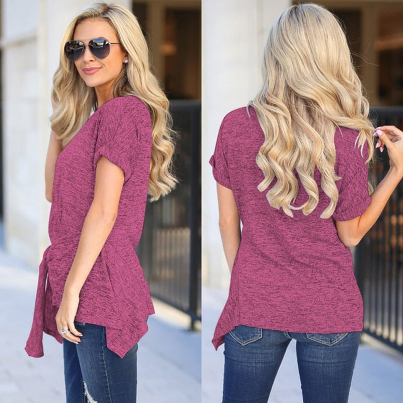 Irregular short sleeves solid color pullovers women