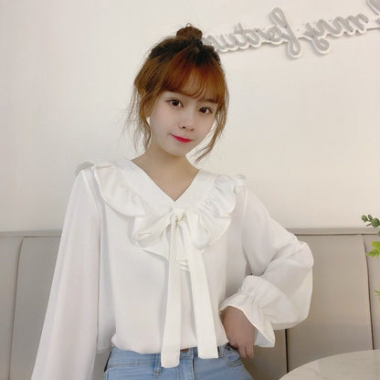 Shirts Womens Retro V-Neck Elegant Bow Knot Flare Sleeve Kawaii Solid Blouses 2020 New Autumn Korean Style Loose Leisure Daily