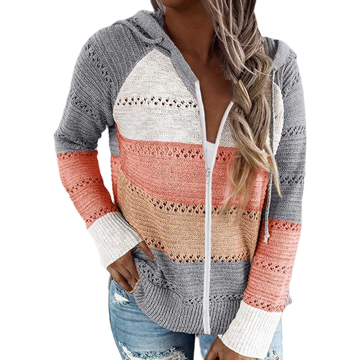 Hooded Long Sleeve Patchwork Cardigan Sweater