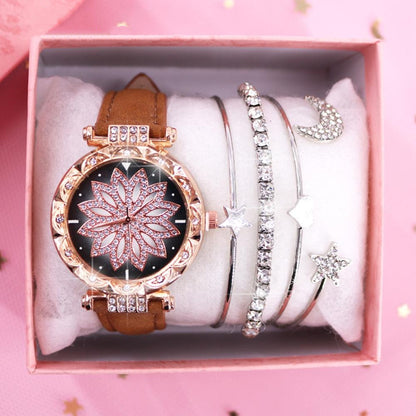 Ladies Watch Bracelet Set With Box Leather Strap Quartz Wristwatch Diamond Watches