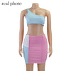 Simenual Ribbed Patchwork Two Piece Sets One Shoulder Tank Top And Skirts Women Skinny Vintage Streetwear Co-ord Outfits Club