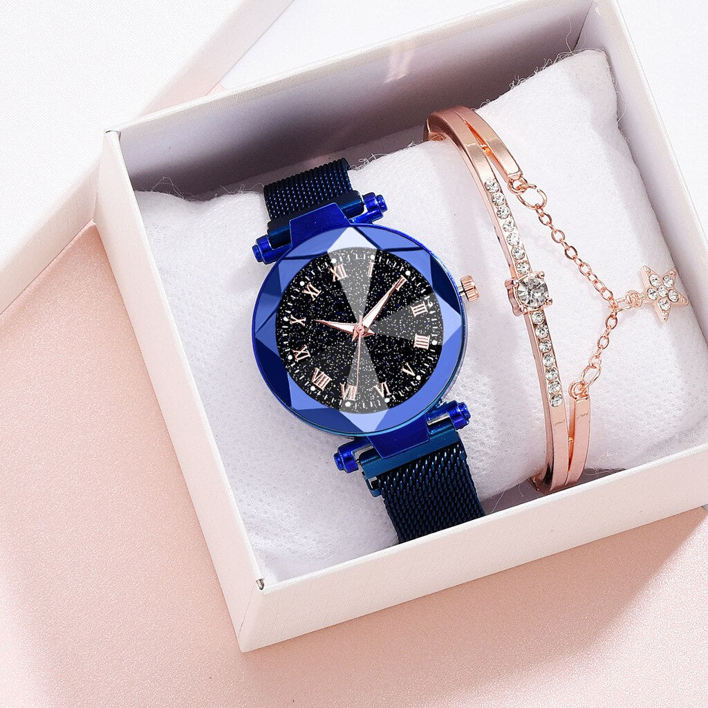 Rose Gold Starry Sky Fashion Women's Quartz Wristwatch Bracelet box Set