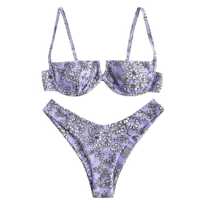 Purple Floral Print Underwire Swimsuit Brazilian Summer Bathers Bathing Suit