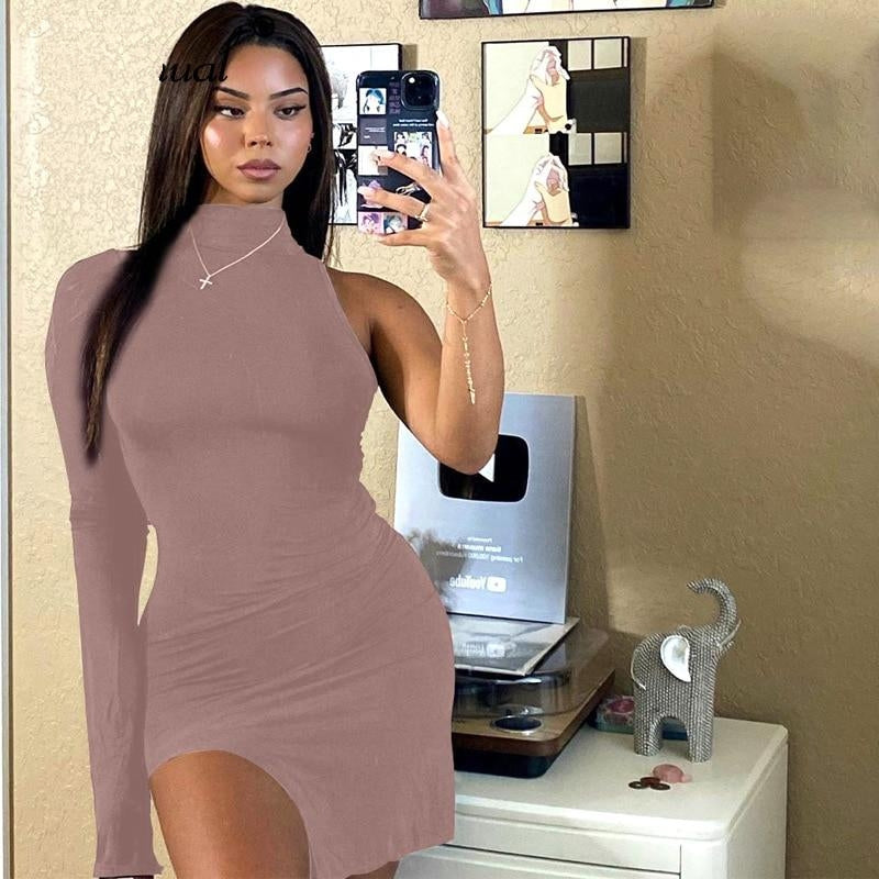 Simenual One Shoulder Long Sleeve Women Bodycon Party Dresses Side Slit Autumn Fashion Sexy Skinny Clubwear Mini Dress Solid Hot