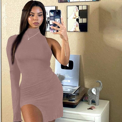 Simenual One Shoulder Long Sleeve Women Bodycon Party Dresses Side Slit Autumn Fashion Sexy Skinny Clubwear Mini Dress Solid Hot