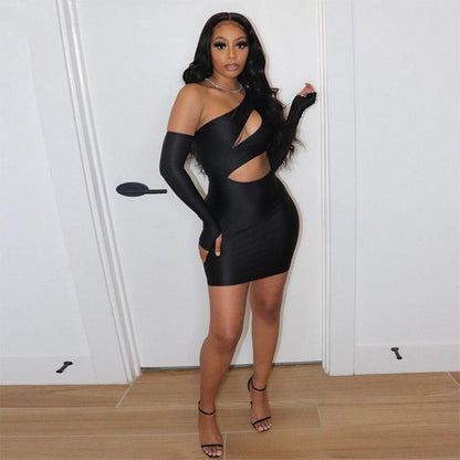 Hollow Out Long Sleeve Gloves Off Shoulder Mini Dress