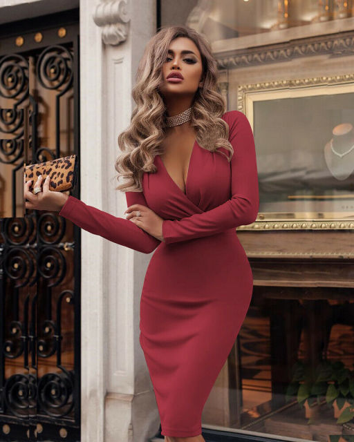 New trendy solid slim Women Holiday V Neck Long Sleeve Bodycon Ladies Party spring Summer Beach Midi Dress