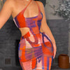 Spring  Women  Printed Sexy Hollow Oblique Shoulder Strap Dress