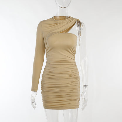 Drawstring Bag Hip Dress Chic Spring New Oblique Shoulder Long Sleeve Short Dress