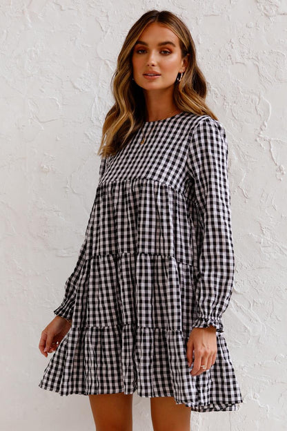 Autumn New Long Sleeve round Neck Swing Plaid Loose Dress for Women