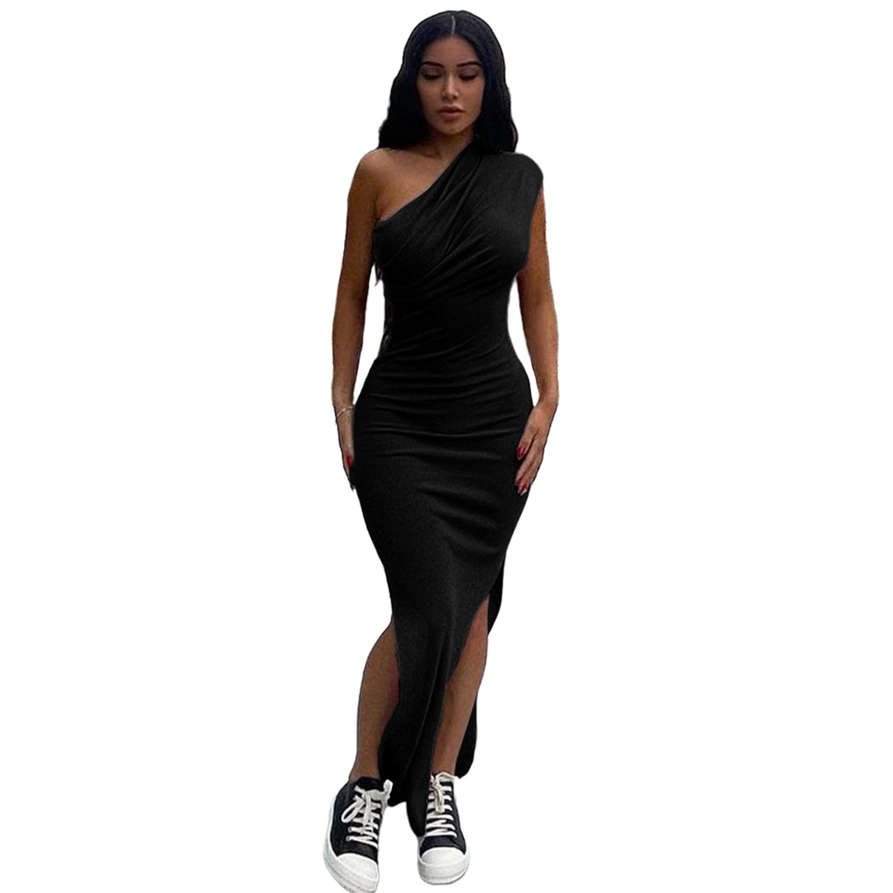 Women Clothing  New  Spring Summer Solid Color Thread Pleated Slant Shoulder Slit Long Dress