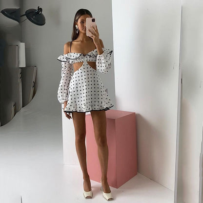 New Long Sleeve Spaghetti Strap Polka Dot Off Neck Sexy Dress Spring Summer Women Clothing